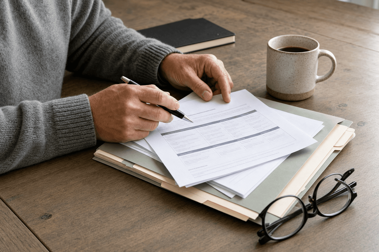Representative photograph of hands reviewing insurance comparison paperwork at a wooden desk with folders, glasses, and coffee.
