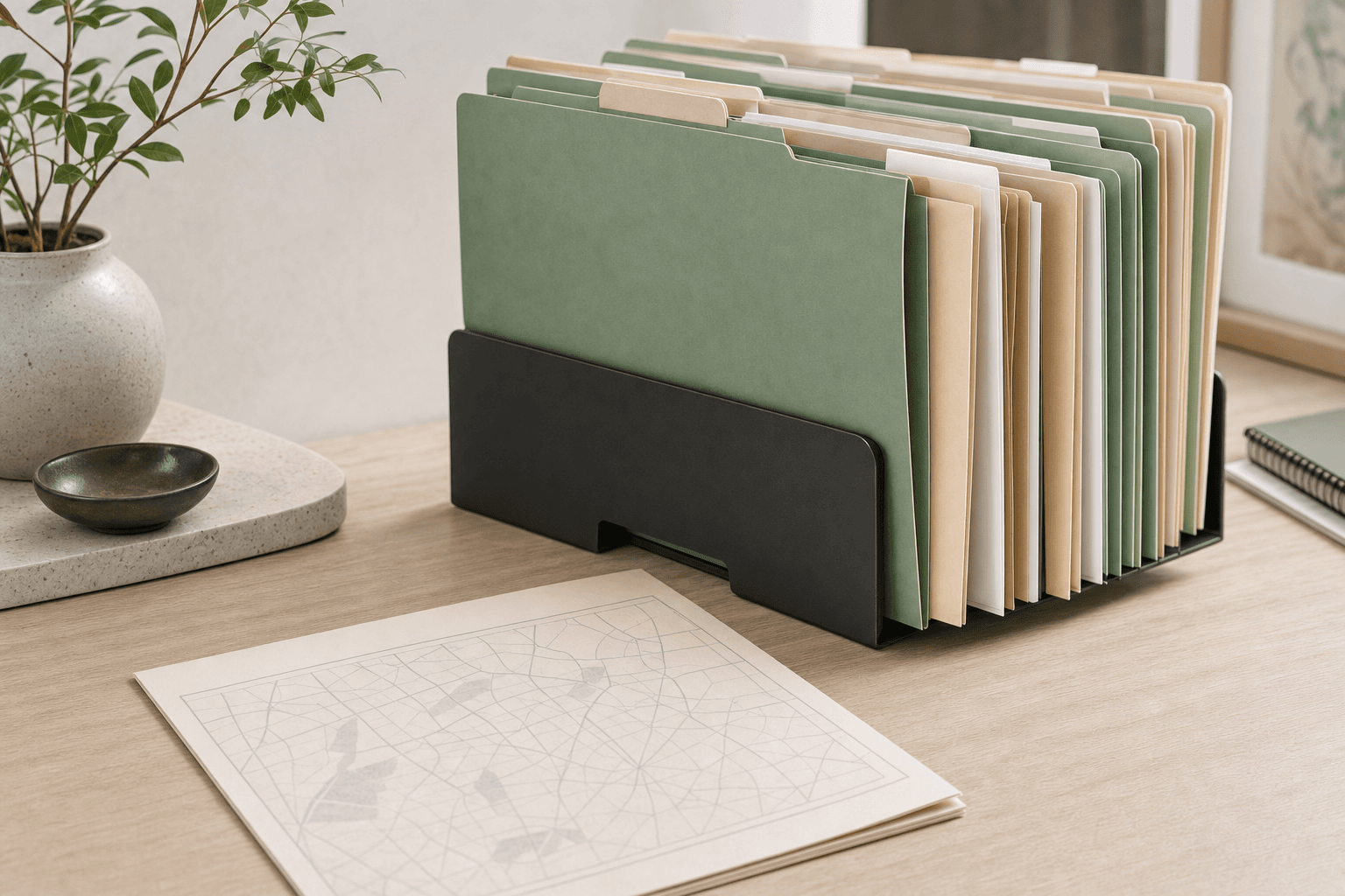 Representative photograph of labeled carrier folders in a desk organizer beside a planning map.