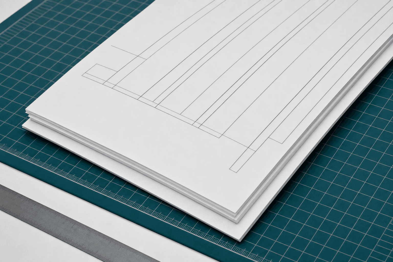 Representative photograph of drafting papers stacked on a teal cutting mat during a careful document review.