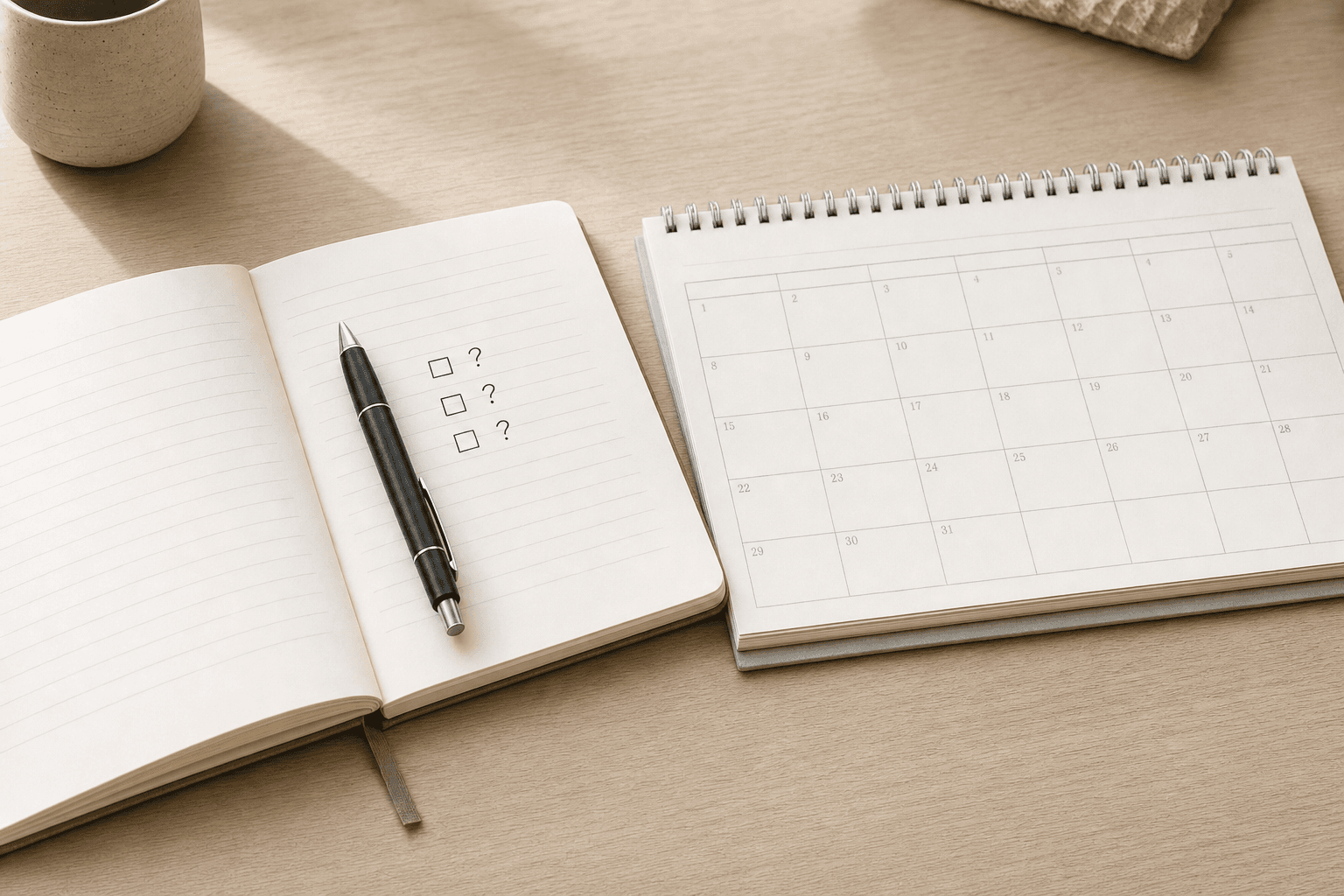 Representative photograph of an open planning notebook with a pen and checklist beside a desk calendar.