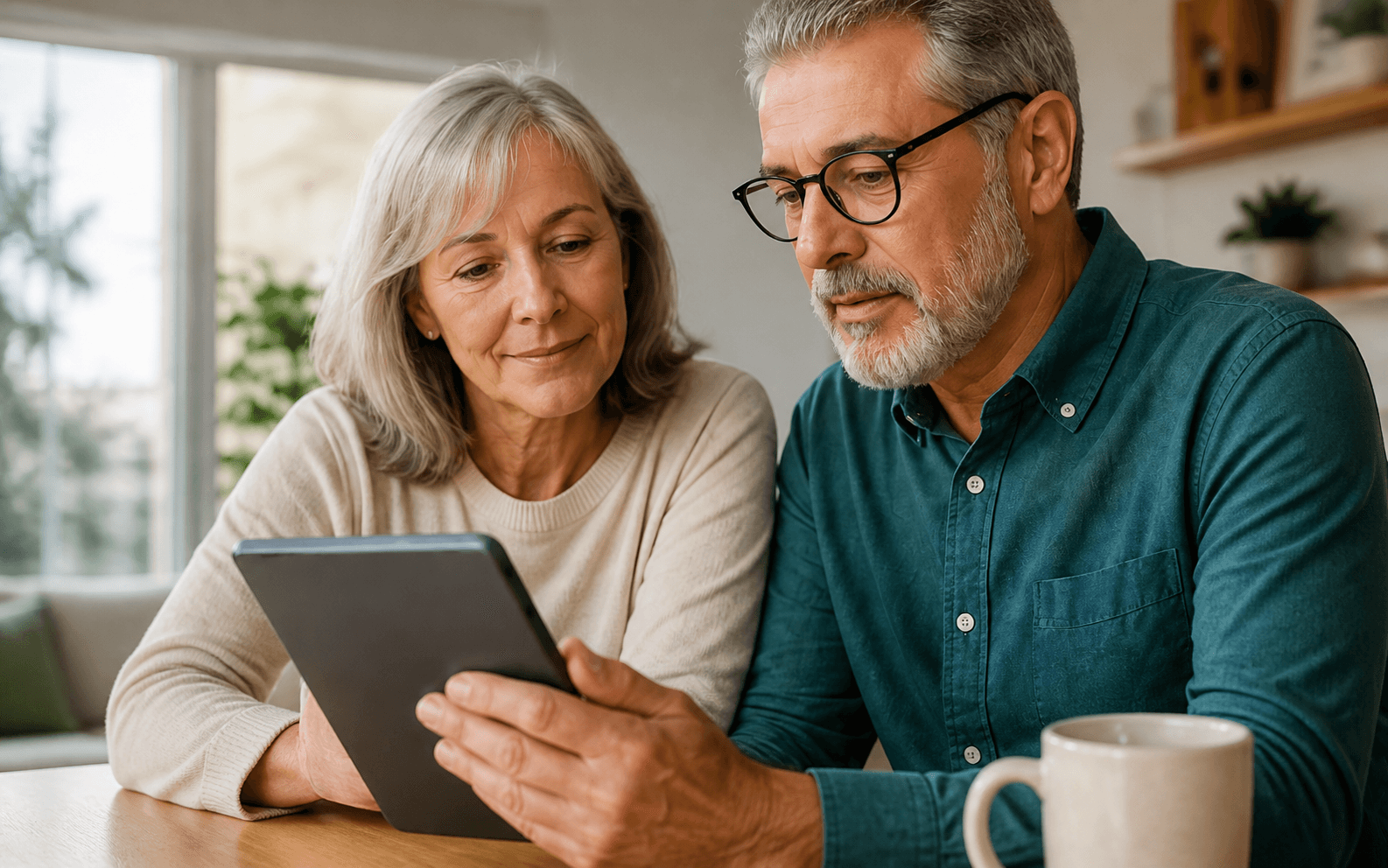 Representative photograph of two adults reading availability information together on a tablet.