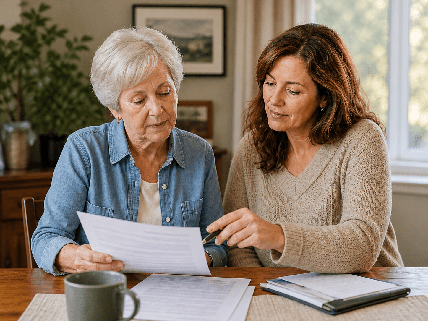 Representative photograph of an older adult and an adult family member talking through planning notes together at a home table.