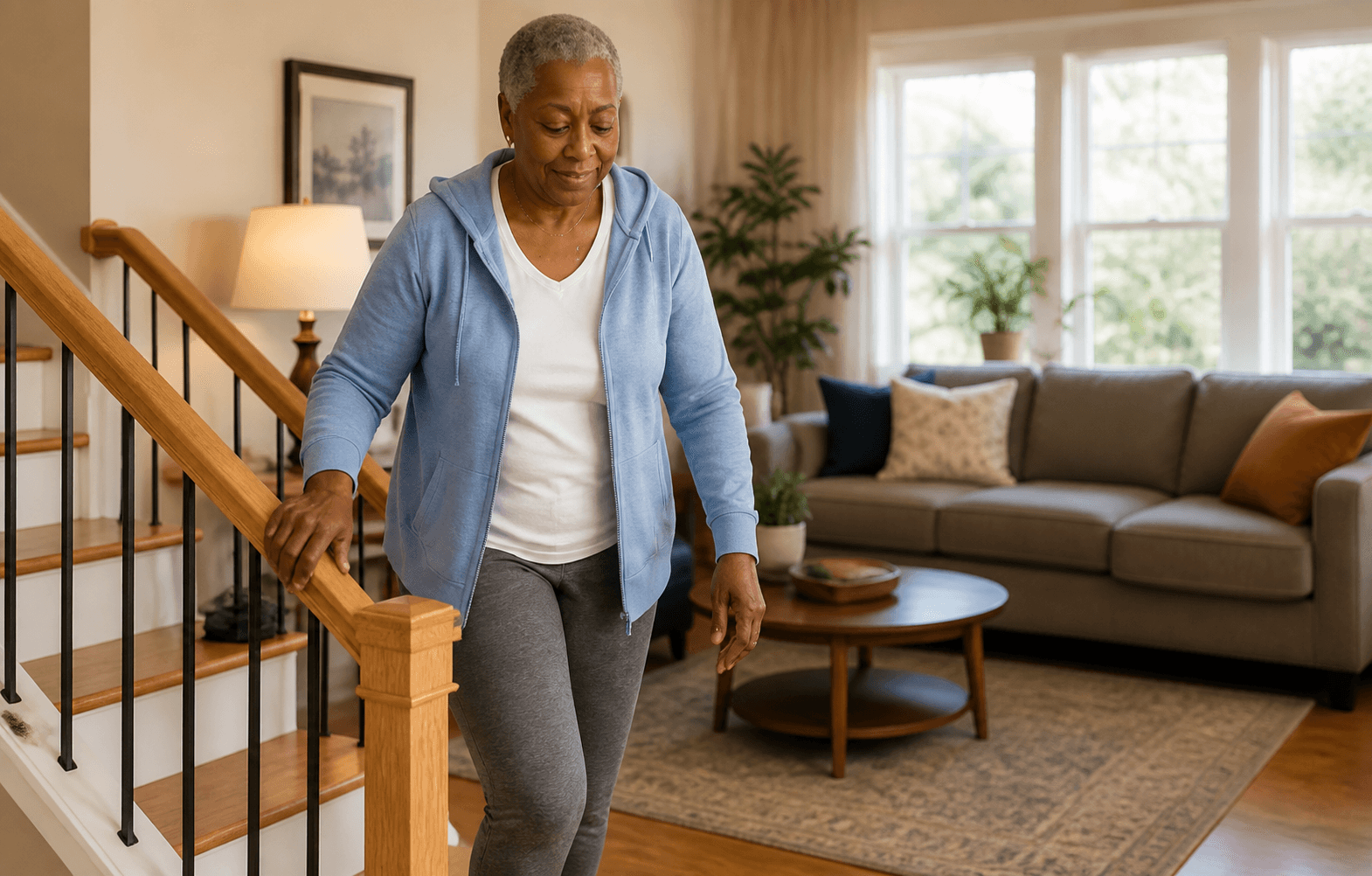 Representative photograph of an older adult moving comfortably through a warm residential hallway.