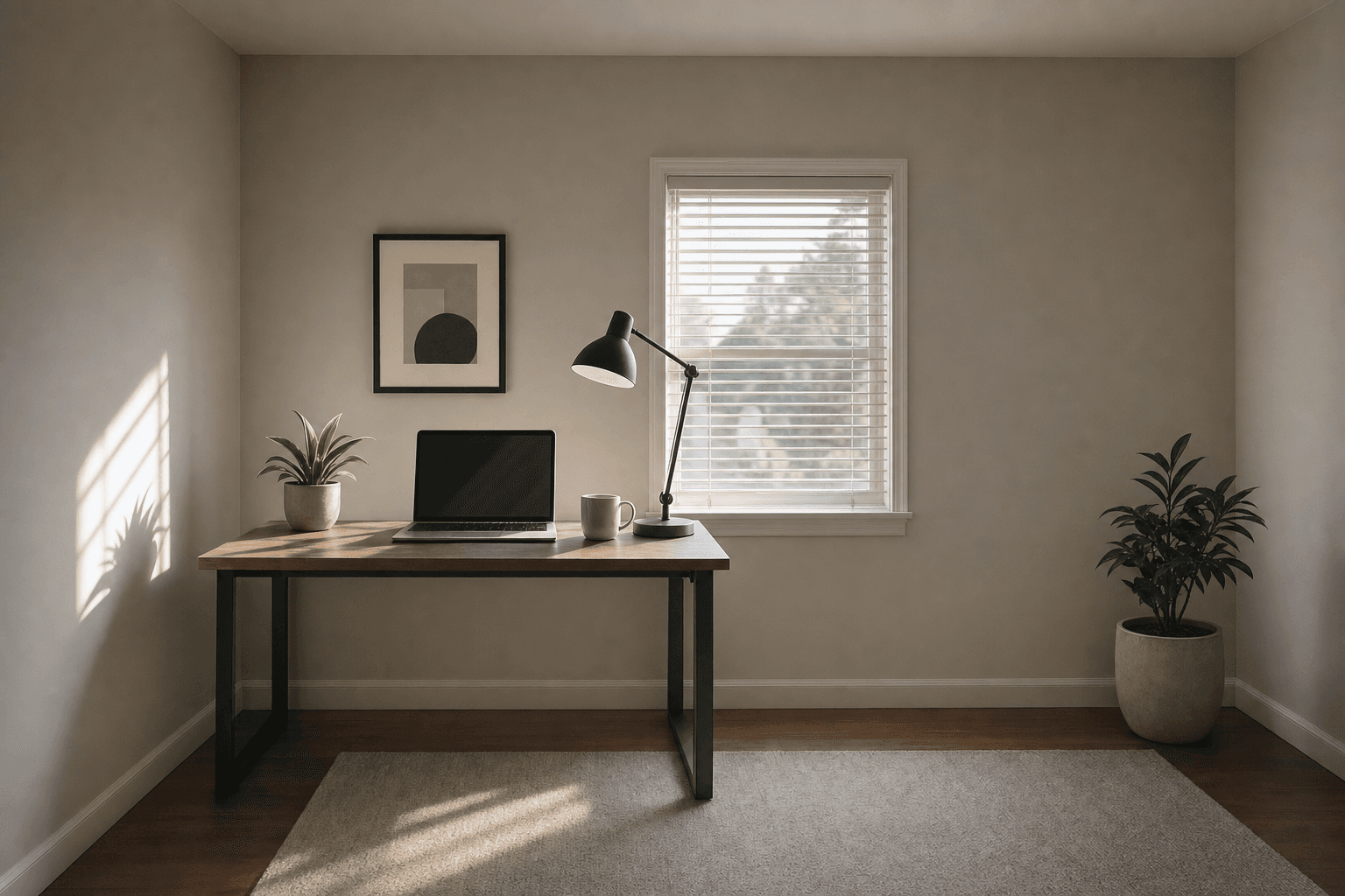 Representative photograph of a quiet home-office desk with a laptop, lamp, plant, and framed print in low light.