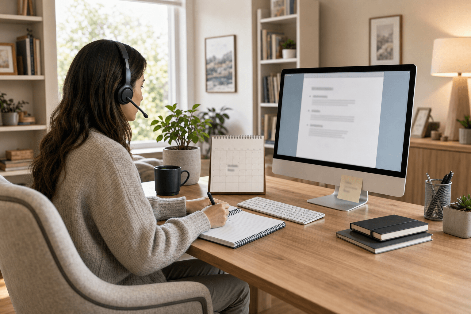 Representative photograph of a remote worker wearing a headset and taking training notes beside a desktop monitor.