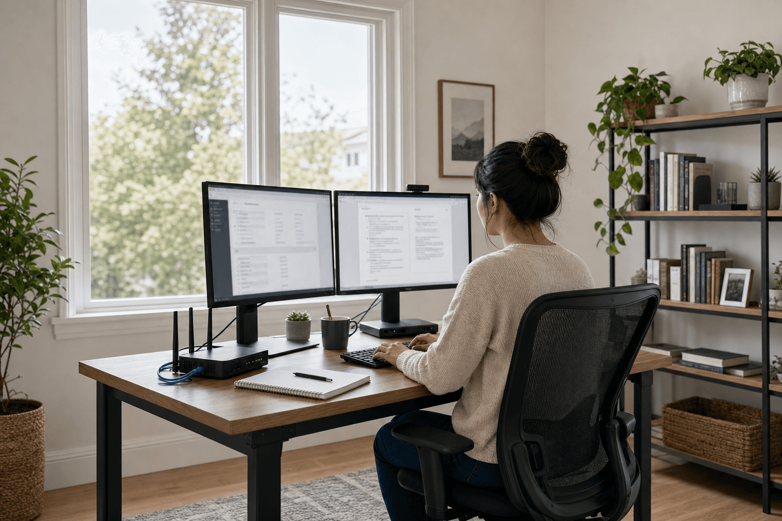 Representative photograph of a remote agent working at a dual-monitor home workstation near a bright window.