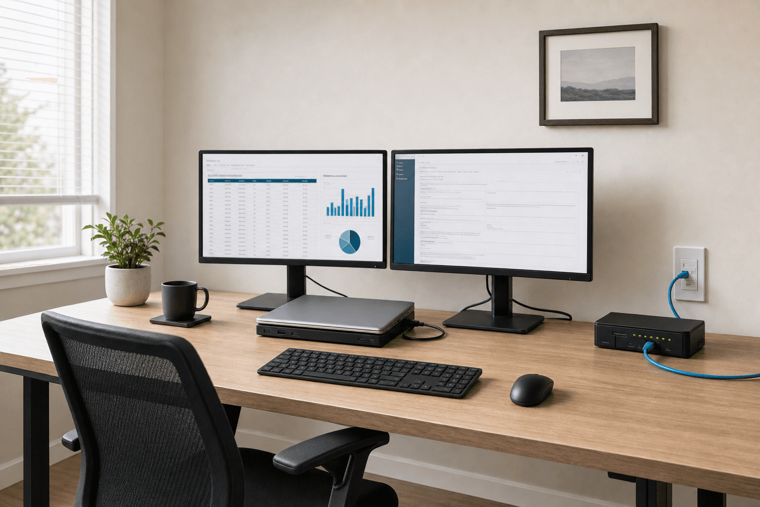Representative photograph of a wired dual-monitor workstation with a router, keyboard, and mouse on a wood desk.