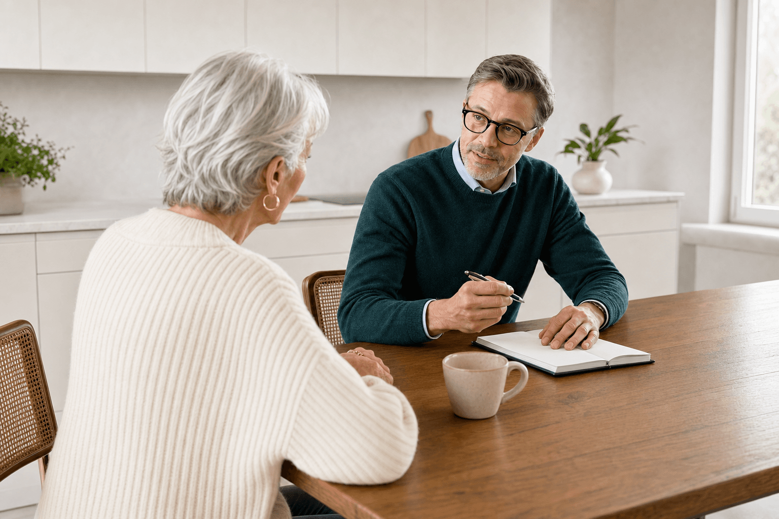 Representative photograph of a licensed adviser talking with an older visitor across a kitchen table, with a notebook and mug between them.