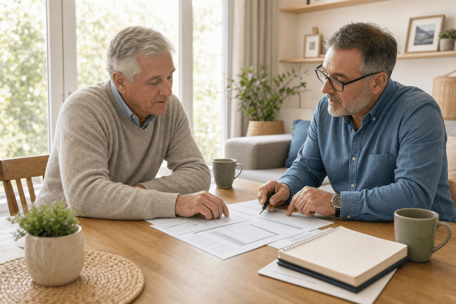 Representative photograph of an adviser and a client reviewing paperwork together at a home table.