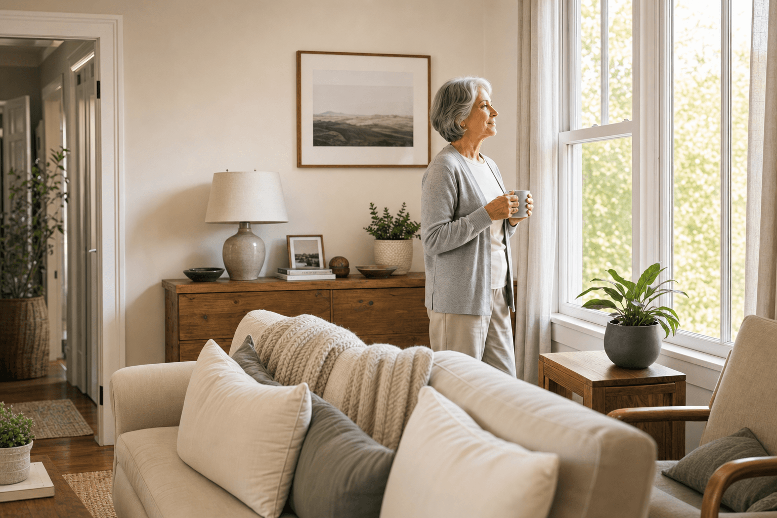 Representative photograph of a woman holding a mug and looking out a bright window at home.
