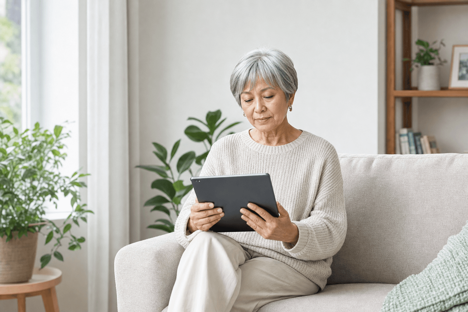 Representative photograph of an older woman reading enrollment information on a tablet at home