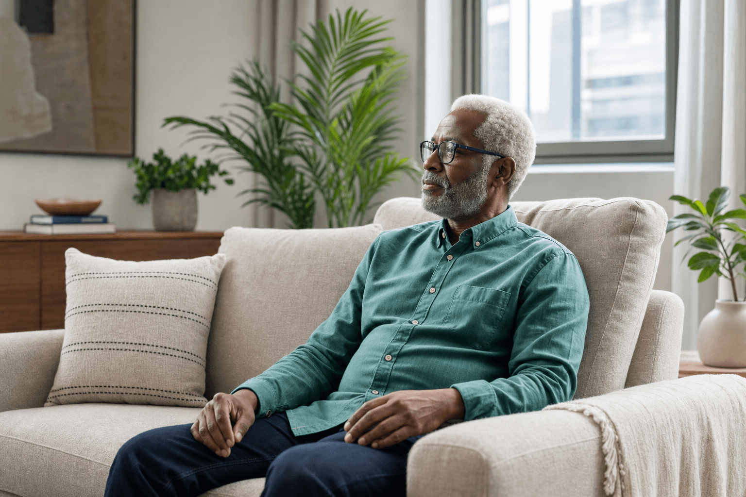 Representative photograph of an older man seated on a sofa, considering his enrollment window