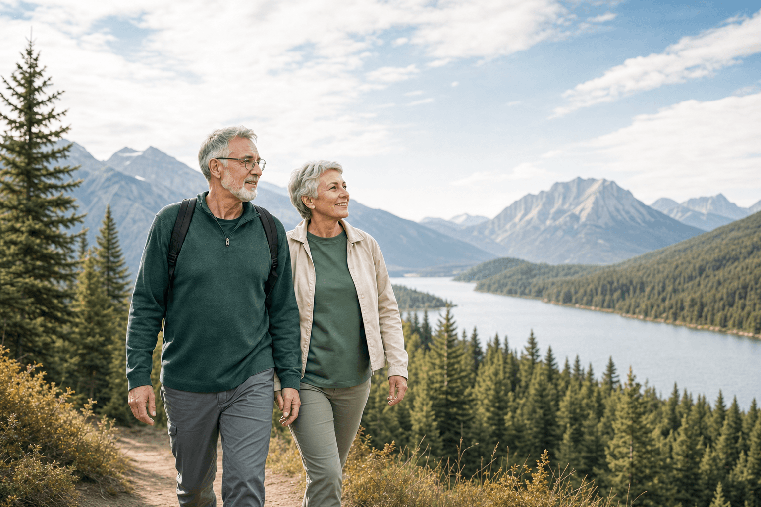 Representative photograph of an older couple walking a mountain trail above a lake