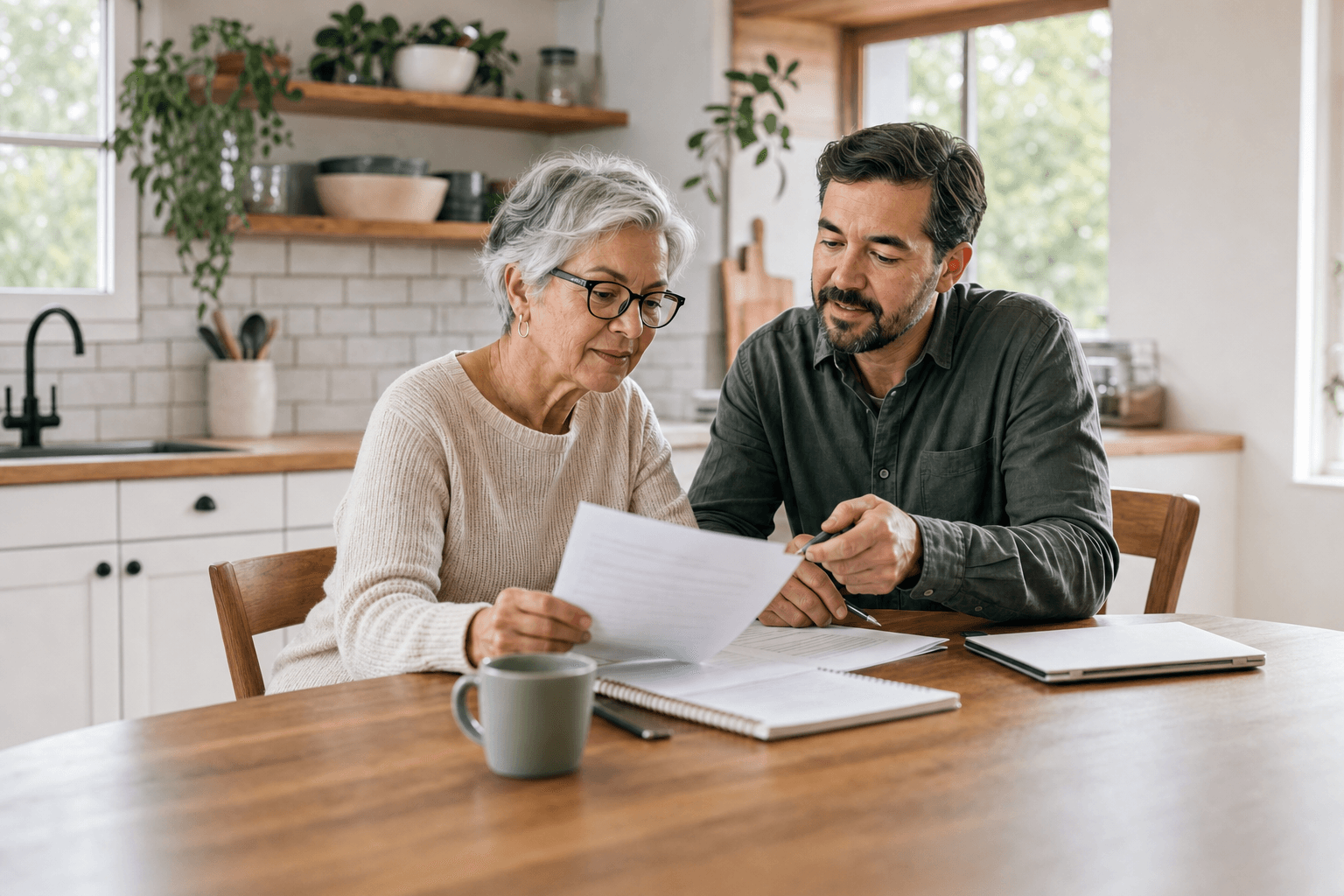 Representative photograph of a beneficiary and an adviser reviewing Medicare paperwork together at a kitchen table