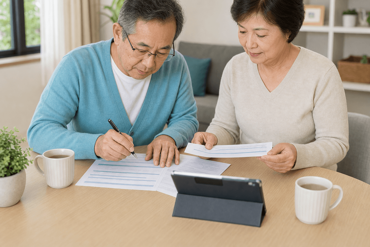 Representative photograph of two older adults completing Medicare forms beside a tablet at a table