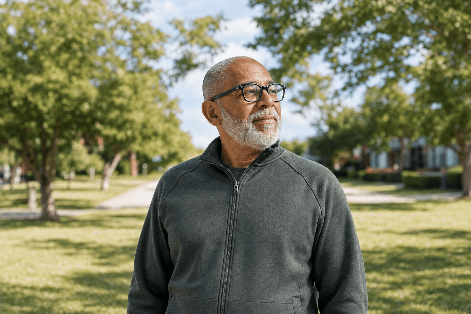 Representative photograph of an older man wearing glasses in a sunlit neighborhood park