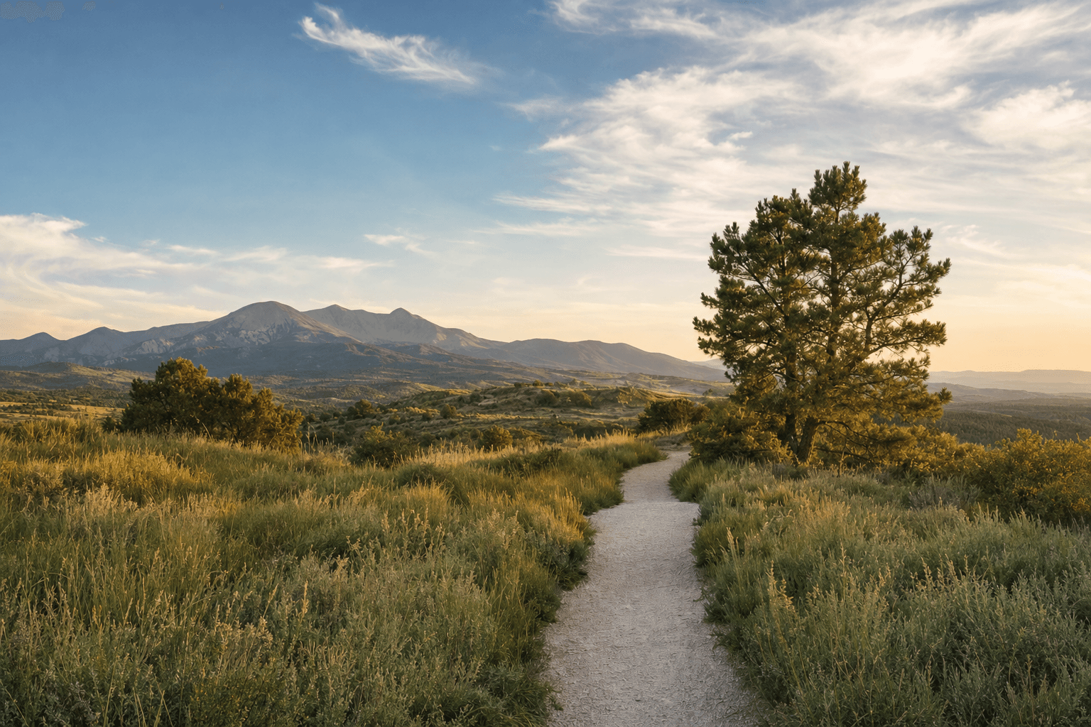 Representative photograph of a walking path leading through a meadow toward mountains at dusk