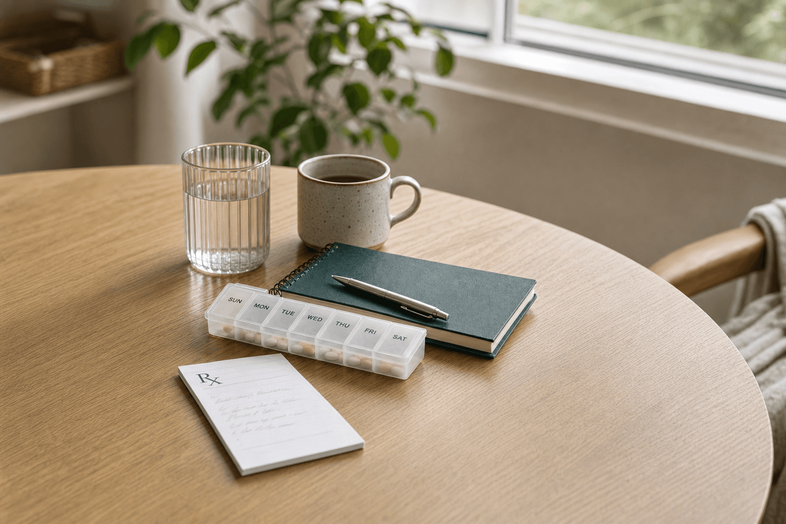 Representative photograph of a weekly pill organizer, notebook, prescription note, mug, and water glass on a home table.