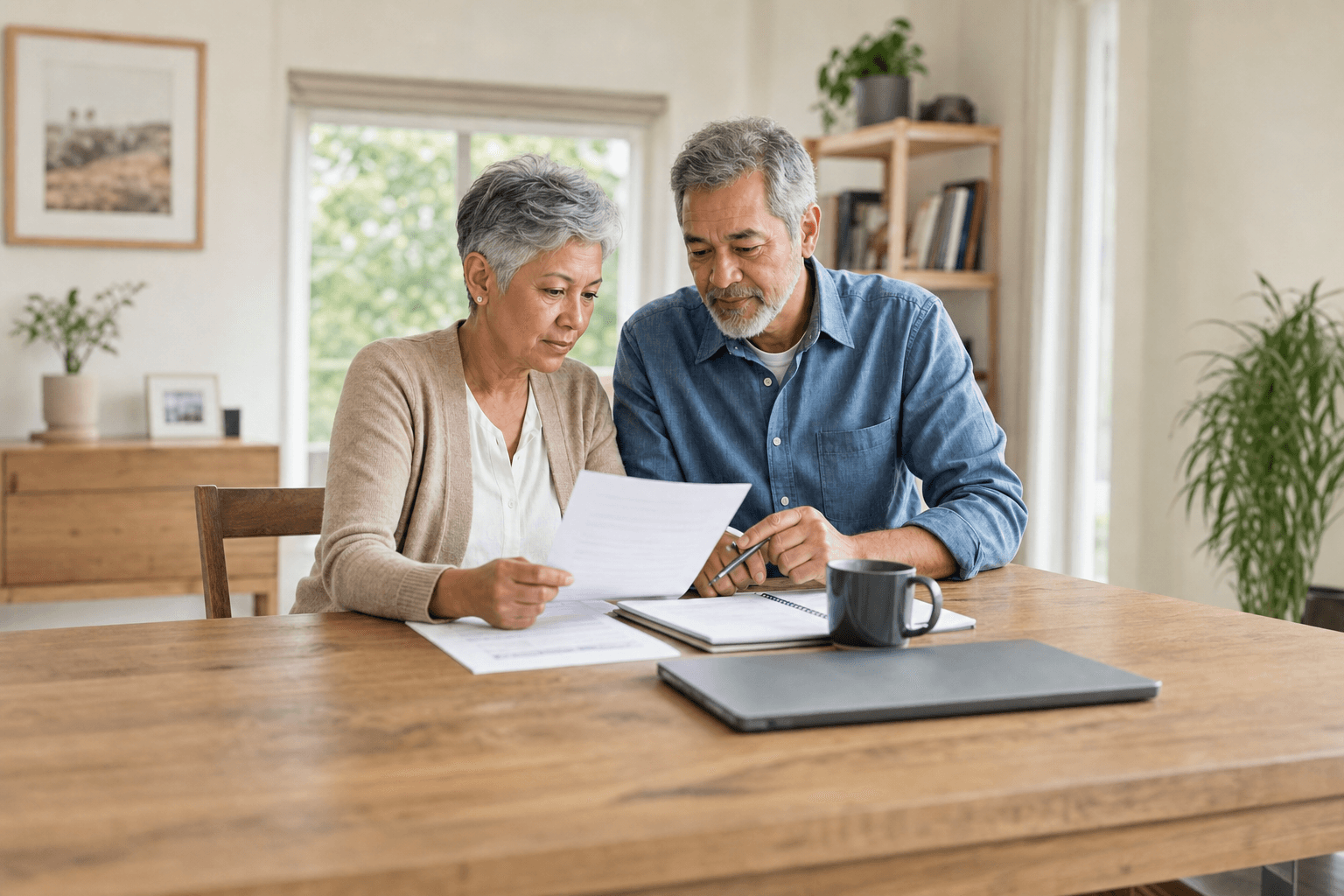 Representative photograph of an older couple at a home table reviewing a coverage document together.
