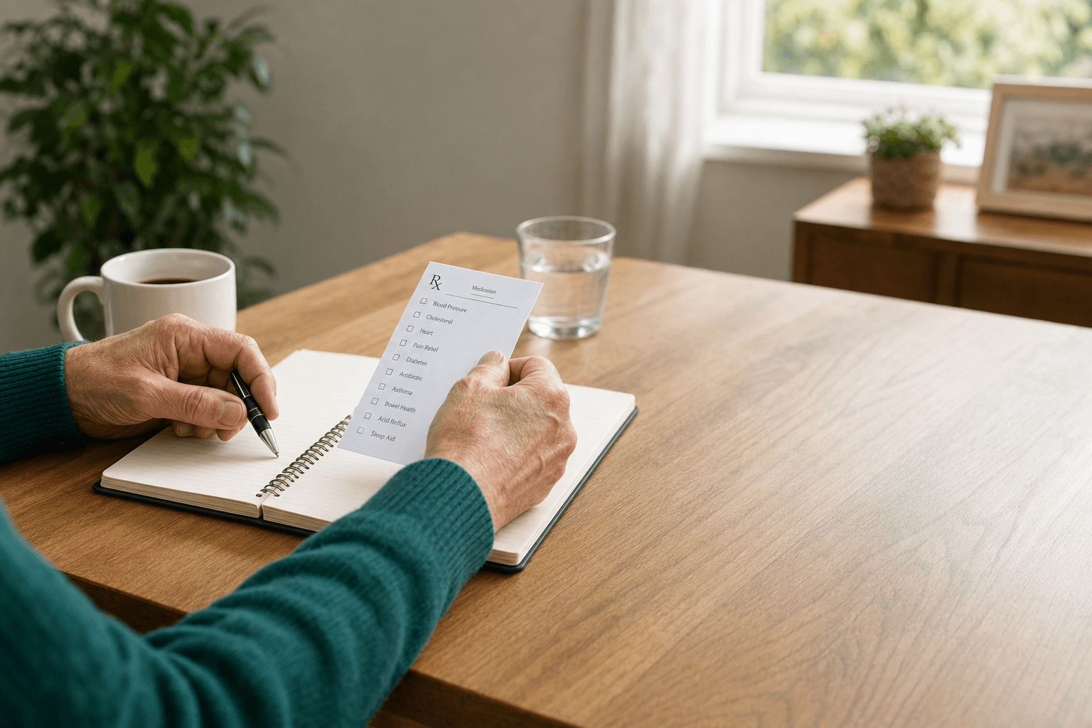 Representative photograph of a hand writing in a notebook while holding a prescription checklist at a home desk.