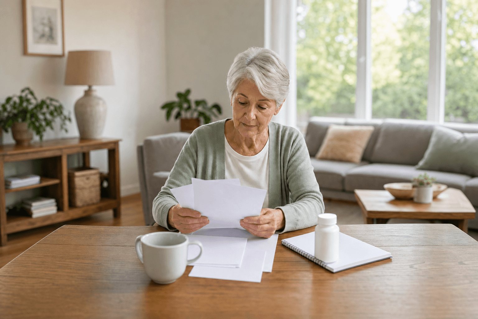 Representative photograph of an older woman comparing two plan documents side by side at home.