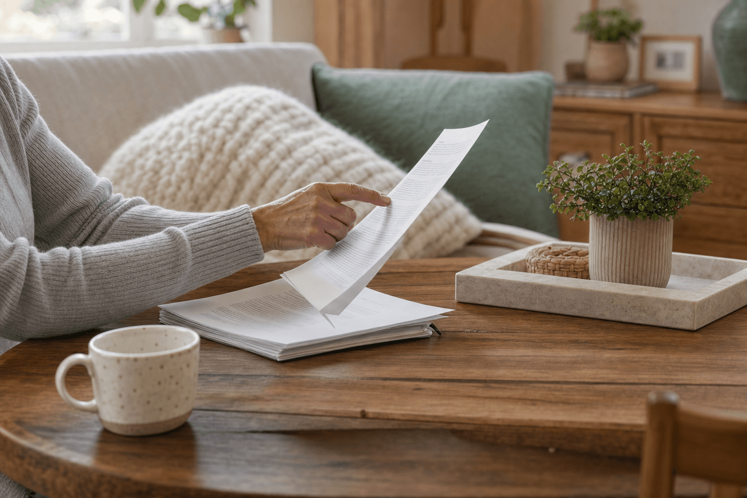 Representative photograph of an older adult's hands reviewing plain paperwork beside a mug in a warm living room.