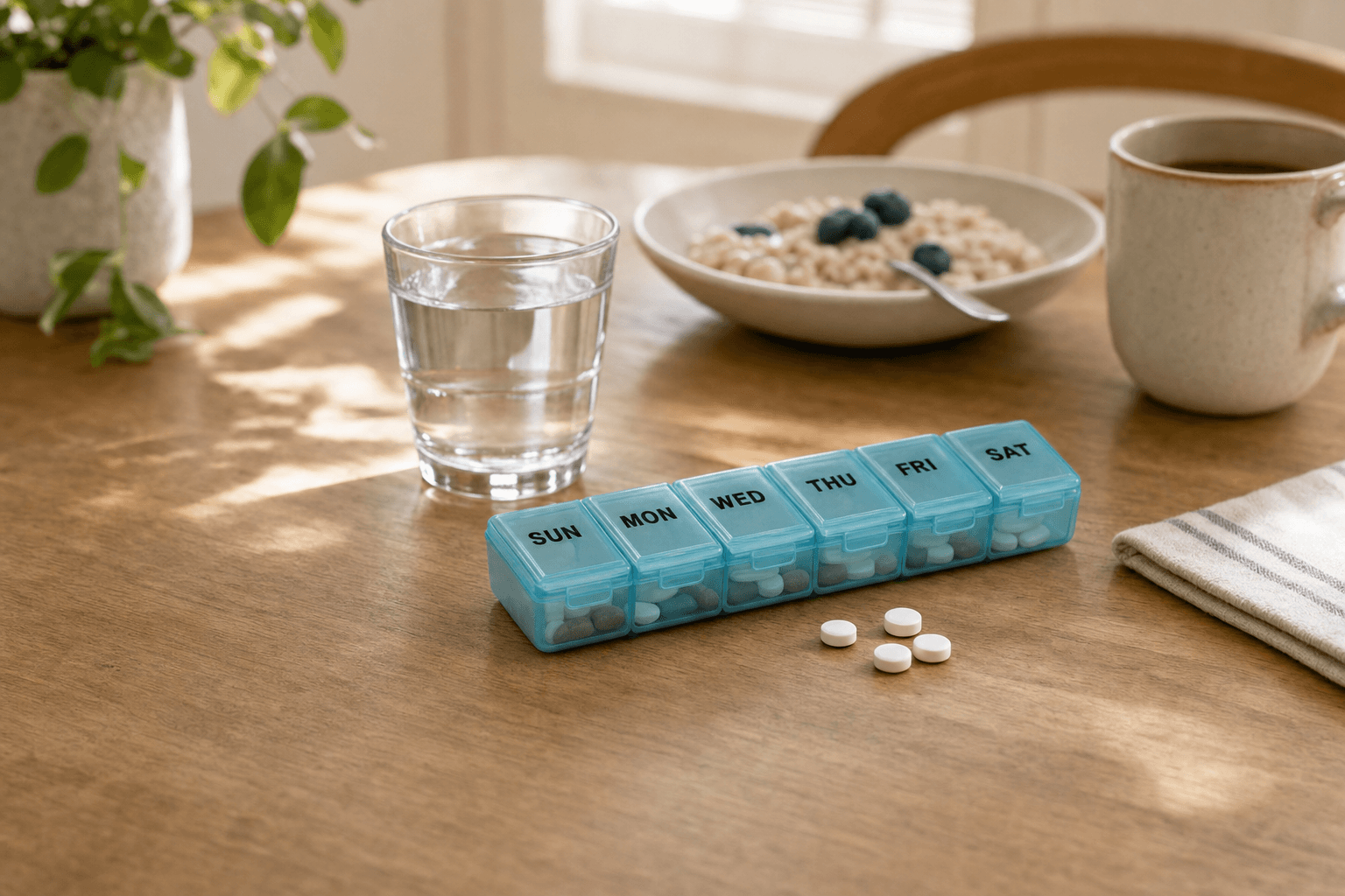 Representative photograph of a weekly pill organizer beside a glass of water and breakfast bowl on a home table.