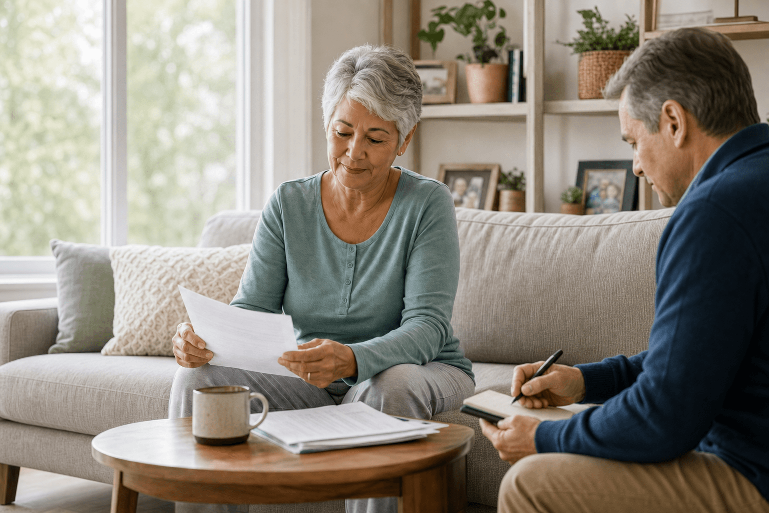 Representative photograph of an older adult reviewing recovery paperwork at a living-room table while a companion takes notes.
