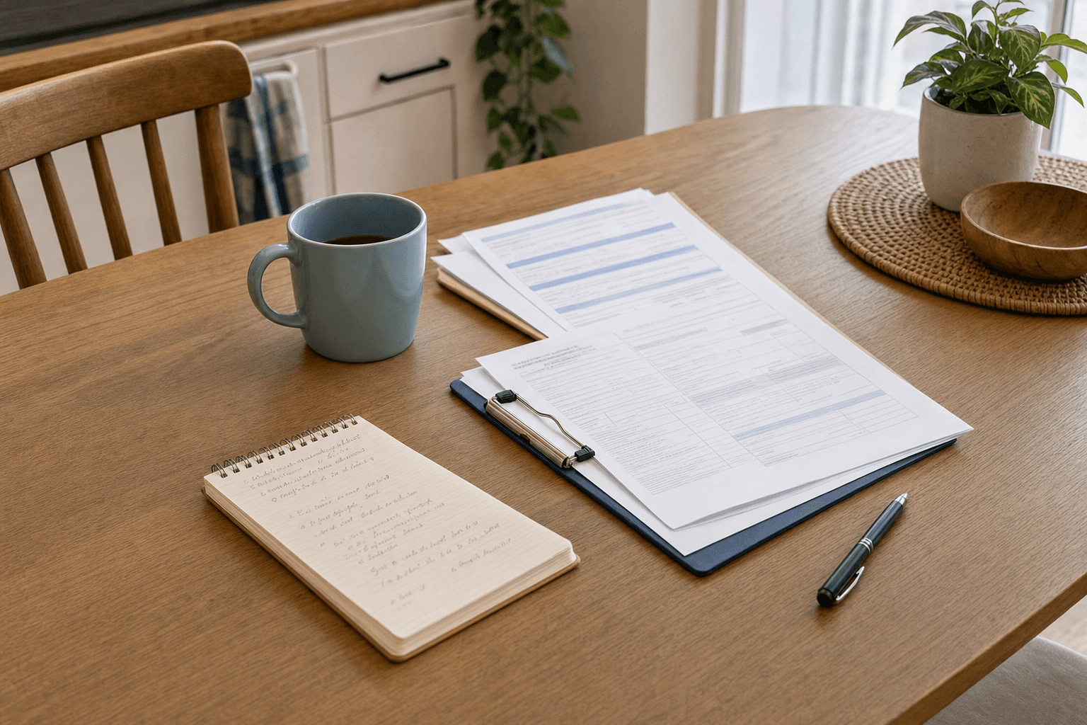Representative photograph of a kitchen-table still life with a clipboard of plain paperwork, notebook, pen, and mug.
