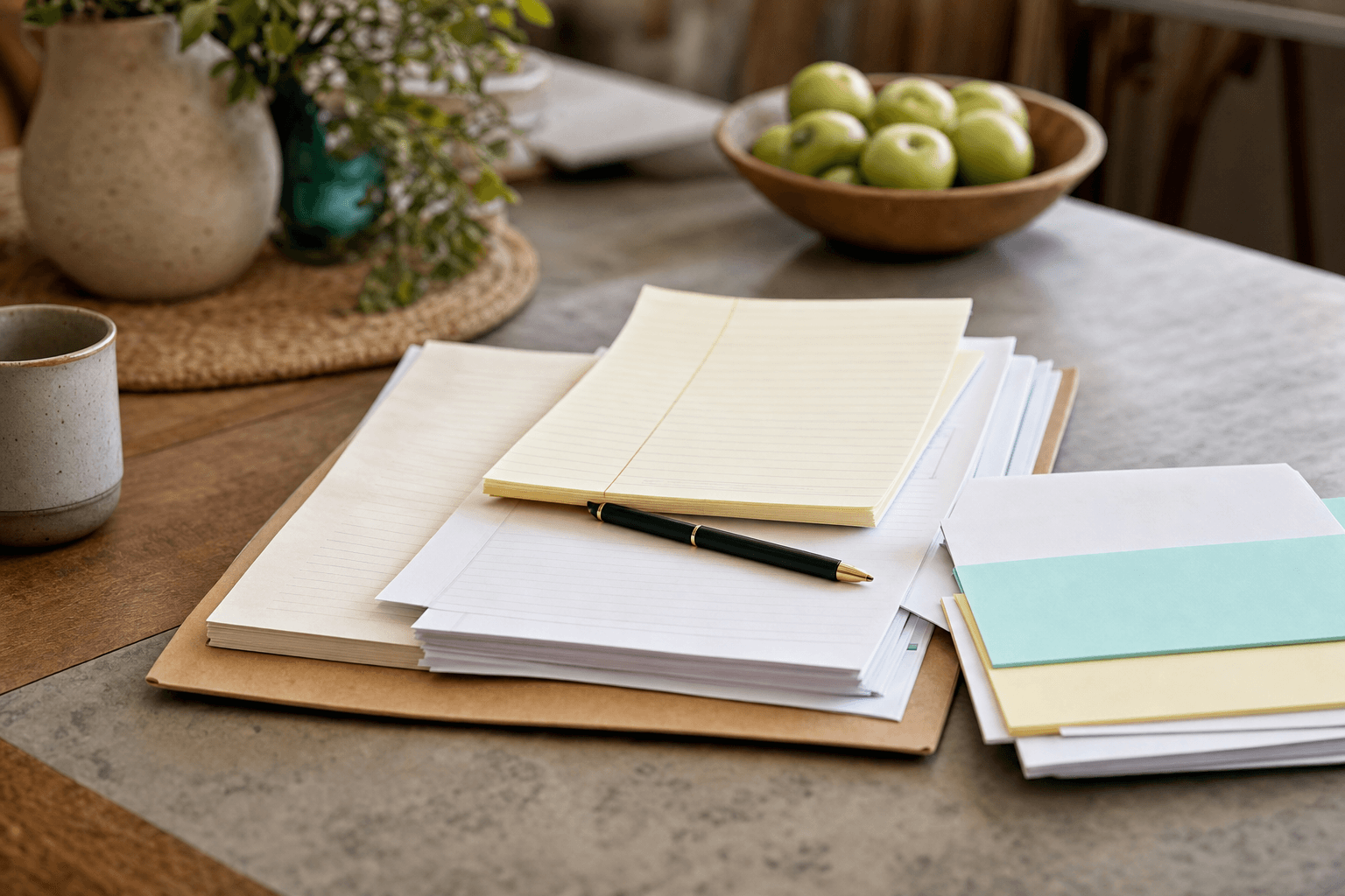Representative photograph of a home-table still life with a plain notebook, paper stack, pen, and bowl of apples.