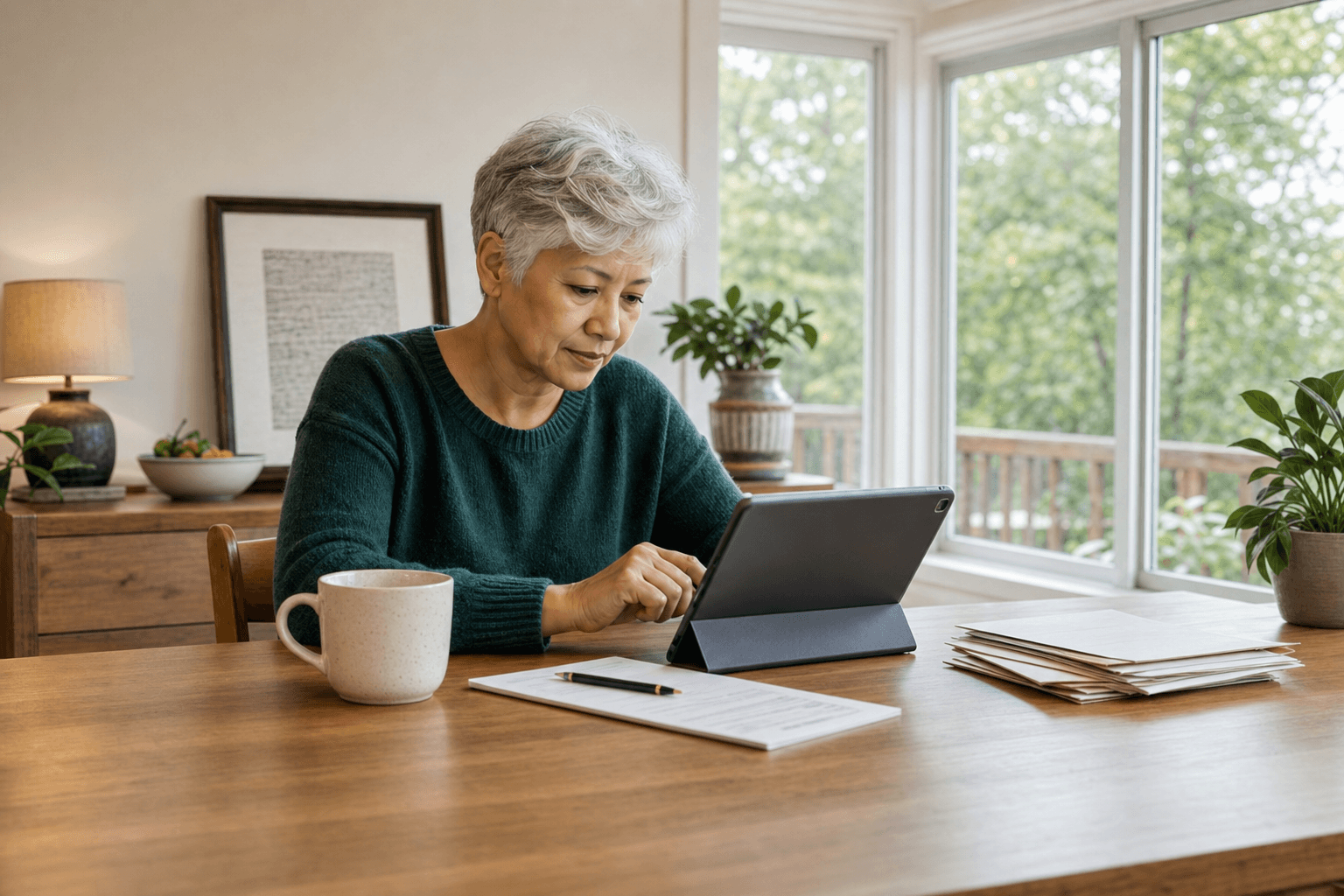 Representative photograph of an older adult using a tablet at a home table beside a mug and paperwork.